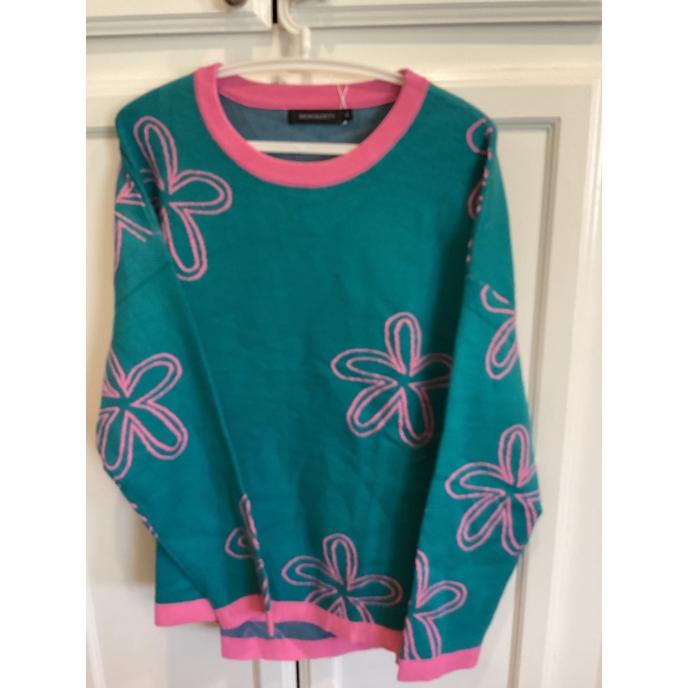 MEROKEETY Floral Print Crewneck‎ Pullover Sweater Knit Top Green Pink XL NWT